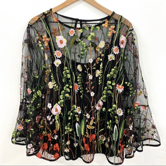 Adiva Tops - Adiva Floral Embroidered Sheer Bell Sleeve Top